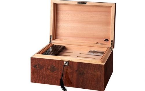 Humidor 80 szivar részére, spanyol cédrusfa, intarziás szivar doboz, párásítóval, digitális higrometerrel - intarziás