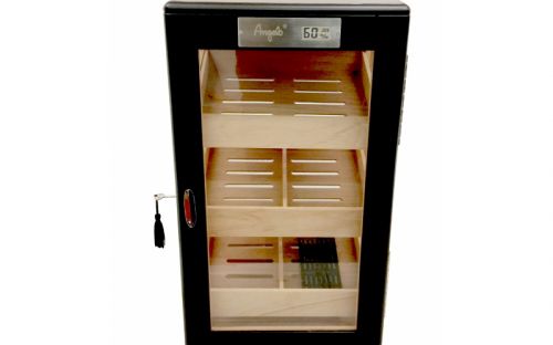 Szivarszekrény - szivar tároló, 80-100 szál szivarnak, cédrusfa belső, körbe üveges, digitális hygrométer - fekete, Angelo