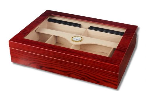 Gasztro humidor 80 szál szivarnak, spanyol cédrusfa, üvegtető, párásító és hygrométer - matt cseresznye szivartartó doboz