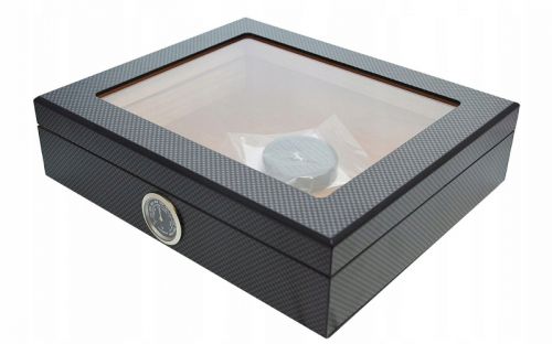 Humidor 30 szál szivar részére, Carbon borítású, spanyol cédrusfa szivar doboz, üvegtetős, párásítóval, hygrométerrel - Angelo