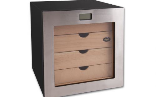 Humidor szekrény 80 szivar részére, négyszögletes szivar tároló szekrény, fém keretes üveg ajtóval, külső hygrometerrel - Angelo