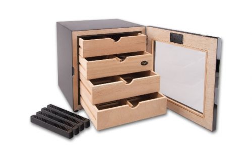 Humidor szekrény 80 szivar részére, négyszögletes szivar tároló szekrény, fém keretes üveg ajtóval, külső hygrometerrel - Angelo