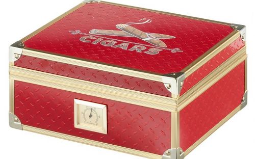 Humidor 40 szál szivar részére, piros, spanyol cédrusfa szivar doboz, fém keretes, párásítóval, hygrométerrel - Angelo