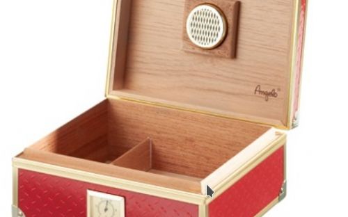 Humidor 40 szál szivar részére, piros, spanyol cédrusfa szivar doboz, fém keretes, párásítóval, hygrométerrel - Angelo