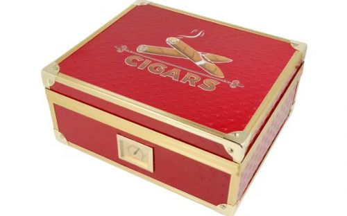 Humidor 40 szál szivar részére, piros, spanyol cédrusfa szivar doboz, fém keretes, párásítóval, hygrométerrel - Angelo