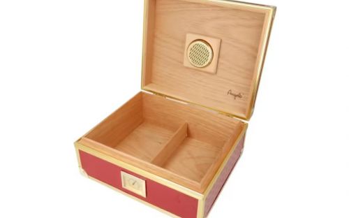 Humidor 40 szál szivar részére, piros, spanyol cédrusfa szivar doboz, fém keretes, párásítóval, hygrométerrel - Angelo