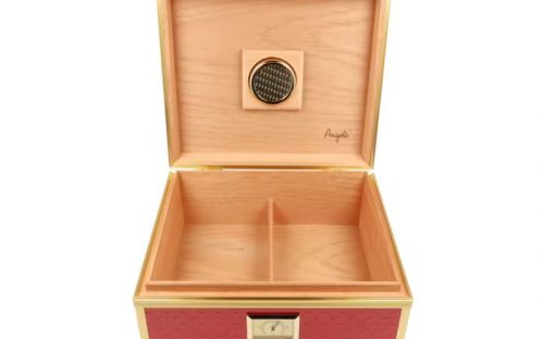 Humidor 40 szál szivar részére, piros, spanyol cédrusfa szivar doboz, fém keretes, párásítóval, hygrométerrel - Angelo