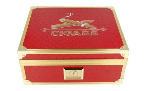 Humidor 40 szál szivar részére, piros, spanyol cédrusfa szivar doboz, fém keretes, párásítóval, hygrométerrel - Angelo