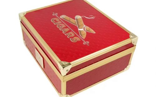 Humidor 40 szál szivar részére, piros, spanyol cédrusfa szivar doboz, fém keretes, párásítóval, hygrométerrel - Angelo