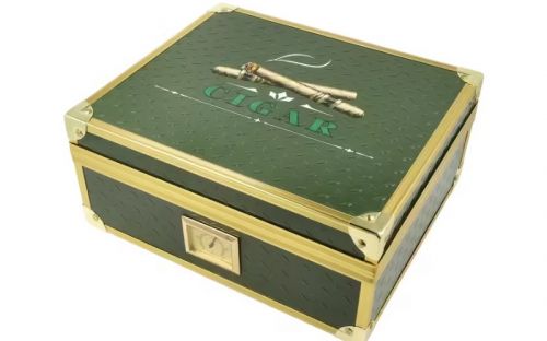 Humidor 40 szál szivar részére, zöld, spanyol cédrusfa szivar doboz, fém keretes, párásítóval, hygrométerrel - Angelo