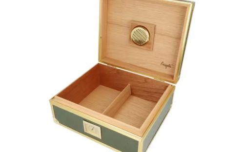 Humidor 40 szál szivar részére, zöld, spanyol cédrusfa szivar doboz, fém keretes, párásítóval, hygrométerrel - Angelo