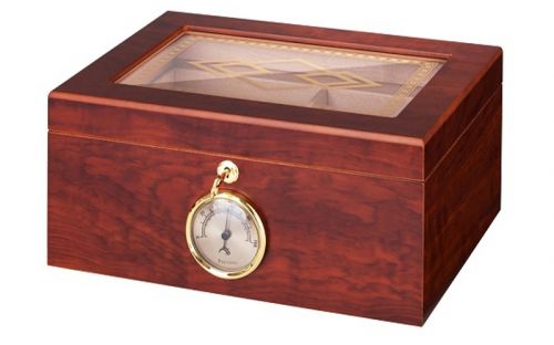 Humidor 50 szivar részére, barna színű cédrusfa szivar doboz, mintás üvegtetővel, külső hygrometerrel