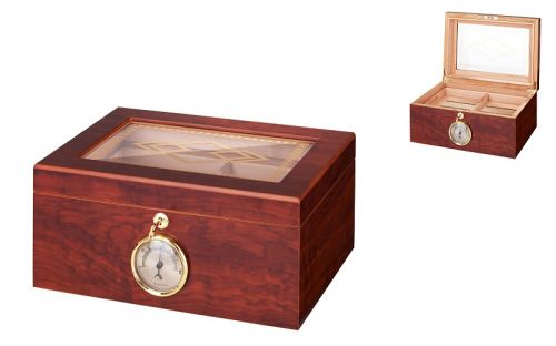 Humidor 50 szivar részére, barna színű cédrusfa szivar doboz, mintás üvegtetővel, külső hygrometerrel