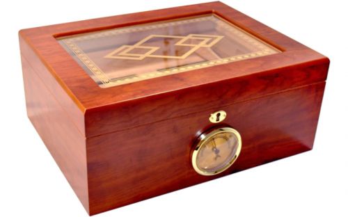 Humidor 50 szivar részére, barna színű cédrusfa szivar doboz, mintás üvegtetővel, külső hygrometerrel