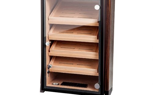 Humidorszekrény - szivar tároló szekrény, 250 szál szivarnak, 4 fiókos, üveg ajtós, higrométerrel és párásítóval