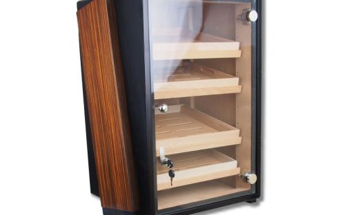 Humidorszekrény - szivar tároló szekrény, 250 szál szivarnak, 4 fiókos, üveg ajtós, higrométerrel és párásítóval