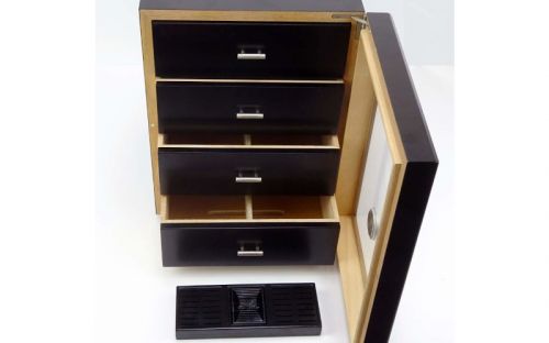 Szivarszekrény - szivar tároló, 80 szál szivarnak, 4 fókkal - fekete, Angelo