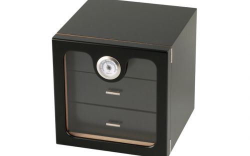 Humidor szekrény 80 szivar részére, spanyol cédrusfa, 3 fiókkal, hygrometer, üveg ajtó - matt fekete, Passatore