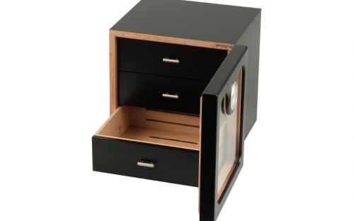 Humidor szekrény 80 szivar részére, spanyol cédrusfa, 3 fiókkal, hygrometer, üveg ajtó - matt fekete, Passatore