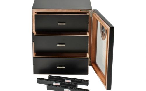 Humidor szekrény 80 szivar részére, spanyol cédrusfa, 3 fiókkal, hygrometer, üveg ajtó - matt fekete, Passatore