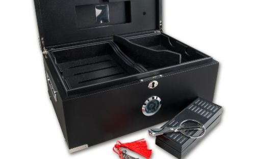Humidor 80 szivar részére, cedrusfa, matt fekete szivar doboz, párásítóval, hygrometerrel + AJÁNDÉK szivarvágó olló