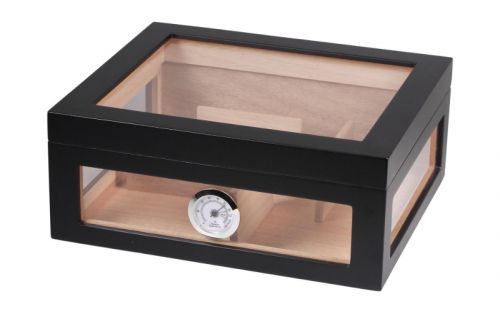 Gasztrohumidor 80 szál szivar részére, cédrusfa szivar doboz, üveges, hygrométerrel és párásítóval - fekete