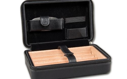Utazó humidor szett, cédrusfa szivartartó doboz 4 szál szivarnak, fekete + AJÁNDÉK fém szivarvágó