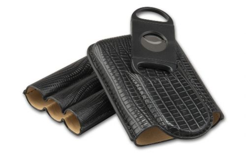 Szivartok 3 szivar részére, fekete bőr + szivarvágó