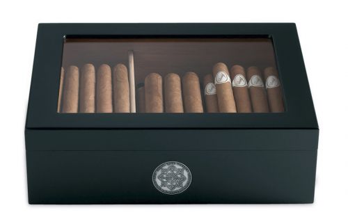 Medici Humidor 40 szál szivar részére, cédrusfa szivardoboz üvegtetővel, párásítóval - fekete + AJÁNDÉK hygrométer