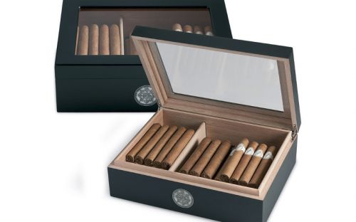 Medici Humidor 40 szál szivar részére, cédrusfa szivardoboz üvegtetővel, párásítóval - fekete + AJÁNDÉK hygrométer