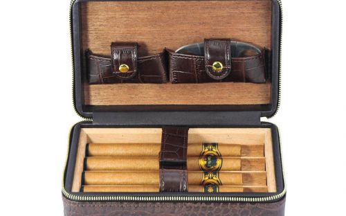 Utazó humidor - spanyol cédrusfa szivartartó doboz 4 szál szivarnak, krokodilbőr mintás