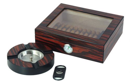 Exkluzív Humidor 30 szivar részére, spanyol cédrusfa, üvegtetővel, párásító, hygrométer, barna-fekete csíkos + AJÁNDÉK szett