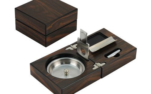 Összecsukható barna fa szivar hamutartó + szett