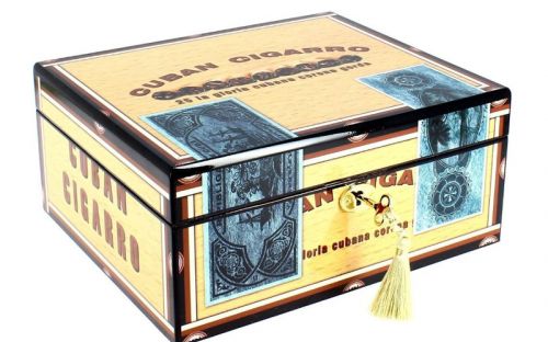 Humidor 50 szál szivar részére, lakkozott szivartartó doboz, kulccsal zárható, párásító és belső hygrometer - CigarmanCuban Cigarro