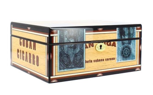 Humidor 50 szál szivar részére, lakkozott szivartartó doboz, kulccsal zárható, párásító és belső hygrometer - CigarmanCuban Cigarro