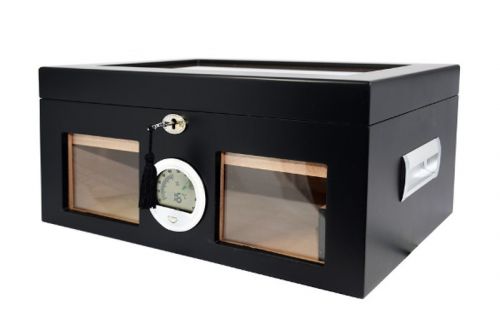 Gasztrohumidor 100 szál szivar részére, üveges spanyol cédrusfa szivar doboz, párásító, digitális hygrométer - fekete, Achenty!