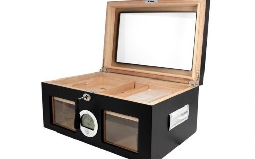 Gasztrohumidor 100 szál szivar részére, üveges spanyol cédrusfa szivar doboz, párásító, digitális hygrométer - fekete, Achenty!