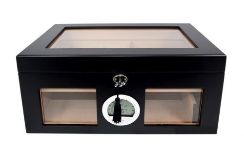 Gasztrohumidor 100 szál szivar részére, üveges spanyol cédrusfa szivar doboz, párásító, digitális hygrométer - fekete, Achenty!