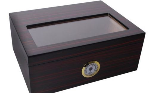 Humidor 40 szál szivar részére, üveg tetős spanyol cédrusfa szivar tartó, párásító és külső hygrométer - Ébenfa-hatású