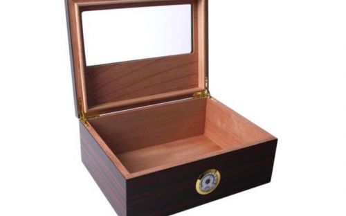 Humidor 40 szál szivar részére, üveg tetős spanyol cédrusfa szivar tartó, párásító és külső hygrométer - Ébenfa-hatású