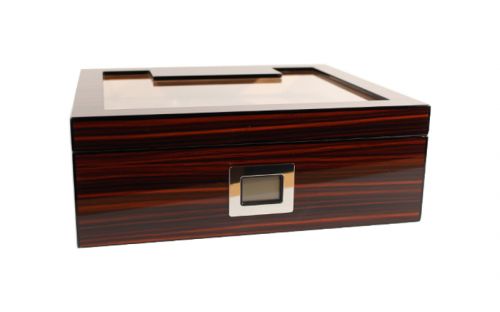 Humidor 50 szál szivarnak, üvegtetős, lakkozott sötétbarna + AJÁNDÉK szett!