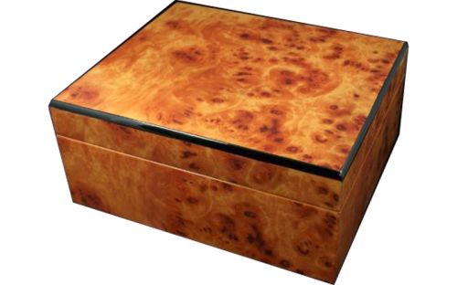 Humidor 40 szivar részére, világosbarna, gyökérmintás cédrusfa szivartartó doboz, párásítóva és külső hygrometerrel