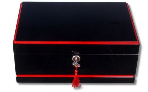 Humidor 50 szál szivar részére, lakkozott fekete cédrusfa szivar doboz, piros díszítő csíkkal, párásítóval, hygrométerrel, Passatore - Gyönyörű ajándék!