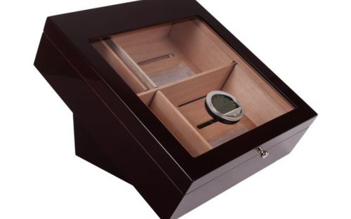 Humidor Fogadásokra - döntött szivar tartó doboz, üvegtetővel, hygrométerrel és párásítóval - bordó