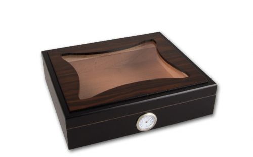 Humidor 30 szál szivar részére, cédrusfa szivar doboz, üvegtetős, hygrométerrel - ébenfa