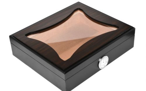 Humidor 30 szál szivar részére, cédrusfa szivar doboz, üvegtetős, hygrométerrel - ébenfa