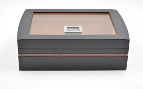 Humidor 40 szál szivarnak, cédrusfa szivar doboz, üvegtető, párásítóval, digitális higrométerrel - fekete