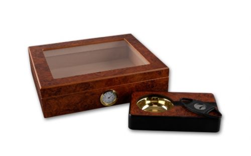 Humidor 40 szál szivar részére, üvegtetős cédrusfa szivar tároló doboz, párásítóval, hygrométerrel, gyökérmintás + AJÁNDÉK szett - Achenty!