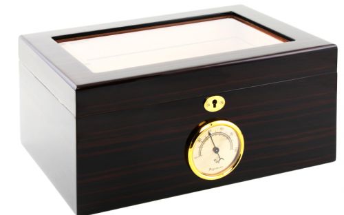 Humidor 60 szivar részére, cedrusfa szivar doboz, üvegtetővel, hygrometerrel - ébenfa