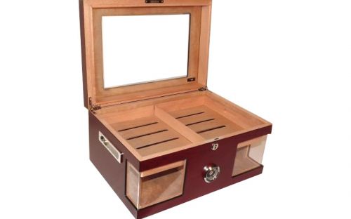 Humidor 80 szál szivar részére, cédrusfa szivar doboz, üvegtető, hygrométerrel és párásítóval - bordó, Angelo
